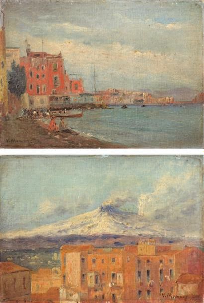 Vincent MANAGO (1880-1936) Vue de l'Etna - Port méditerranéen Deux huiles sur carton...