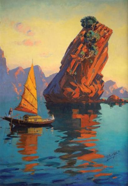 Gilbert GALLAND (1870-1956) Vue de la baie d'Along Huile sur toile, signée en bas...