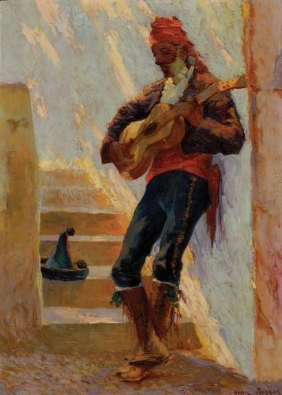 Régis DEYGAS (1876-1943) Joueur de guitare au turban Huile sur panneau, signée en...