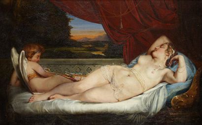 Vincent FERAUD (Actif au XIXème siècle) Vénus et l'Amour Toile d'origine, signée...