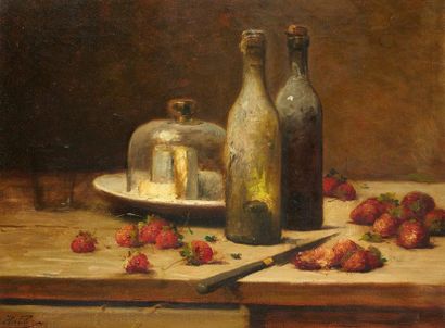 Léon Charles HUBER (1858-1928) Nature morte aux fraises et au fromage Huile sur toile,...