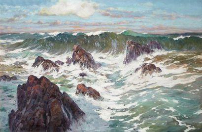 Eugènes DESHAYES (1828 - 1890) Sidi Ferruch, vagues sur les rochers Huile sur toile,...