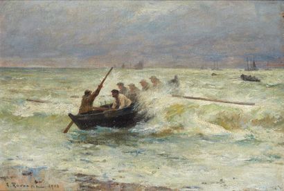 Léon Gustave RAVANNE (1854-1904) La chaloupe par gros temps, 1903 Huile sur toile,...