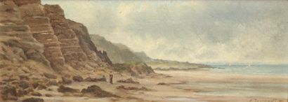 E. JOURNAULT (XIX-XXème) Promeneuse sur les falaises des Vaches Noires à Villers-sur-Mer,...