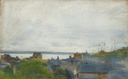 Ernest-Ange DUEZ (1843-1896) Vue de la baie de Seine au dessus des toits de Villerville...