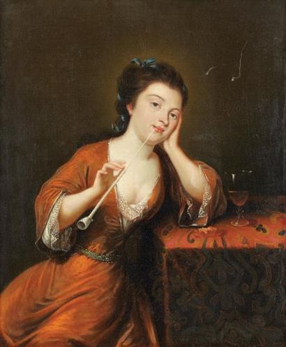 ÉCOLE FRANÇAISE XVIIIème La fumeuse de pipe Huile sur toile 56 x 47 cm