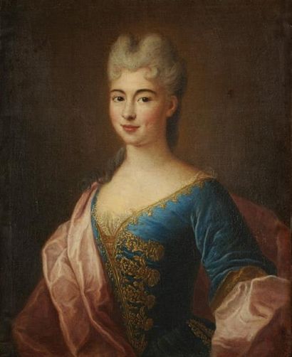 ATTRIBUÉ À PIERRE GOBERT (1662-1744) Portrait de jeune femme en robe bleue brodée...