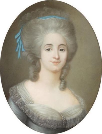 Dans le goût du XVIIIème siècle Portrait de jeune femme au ruban bleu Pastel oval...