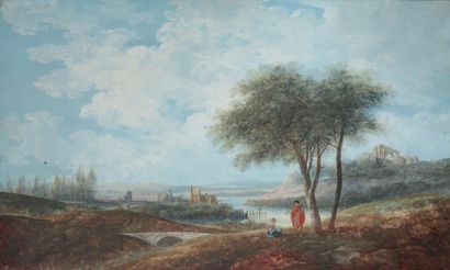 Alphonse MANDEVARE (vers 1793-1848) Deux personnages près d'un estuaire Gouache sur...