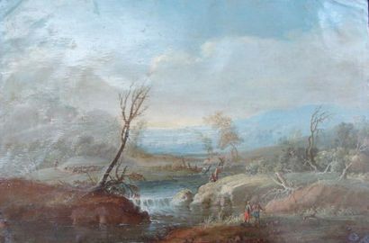 Attribué à Johan Christian VOLLERDT (1708-1769) Promeneurs près d'un torrent Cuivre...