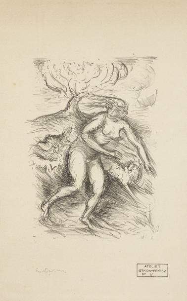 OTHON FRIESZ Femme nue fuyant avec des animaux. 23 x 16 cm. Lithographie en noir....