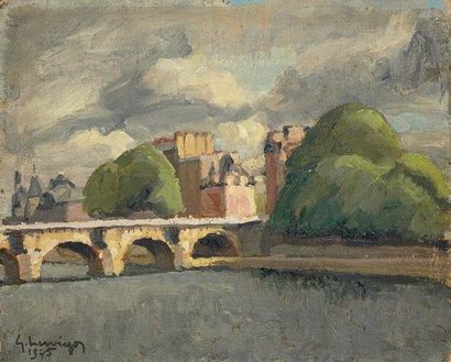 Gustave HERVIGO (1896-1993) Orages sur le Pont Neuf Huile sur toile marouflée sur...