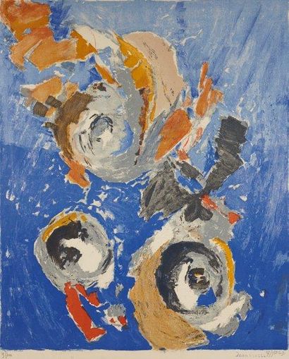 Jean CROTTI d'après Composition fond bleu. 54 x 44, 2 cm. Lithographie en couleurs....
