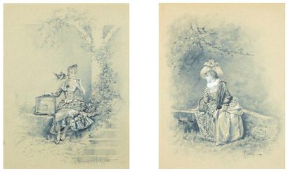 Eugène GRIVAZ (1852-1915) L'élégantes à la cage Jeune femme pensive Deux aquarelles...