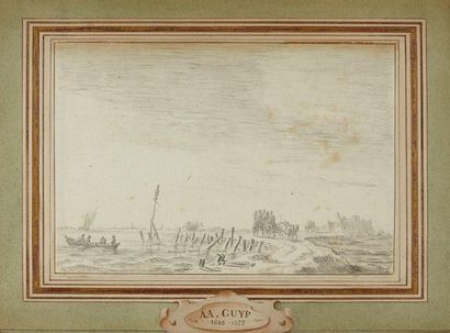 Attribué à Aelbert CUYP (1620-1691) Paysage avec calèche Pierre noire et lavis gris...