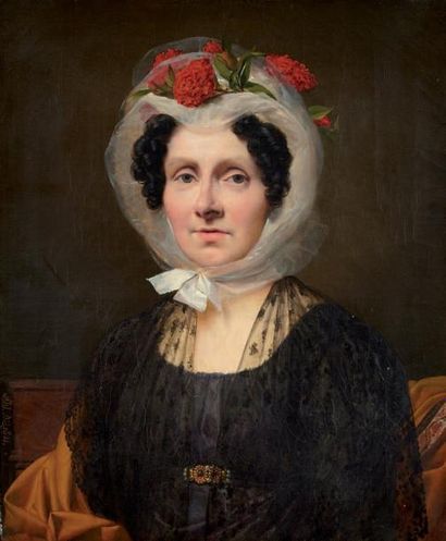 Alexandre-Jean DUBOIS-DRAHONET (1791 - 1834) Portrait de femme au fichu piqué de...