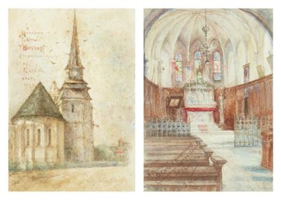 Julia Beck (1853-1935) Intérieur d'église Vue du chevet d'une église Deux aquarelles,...
