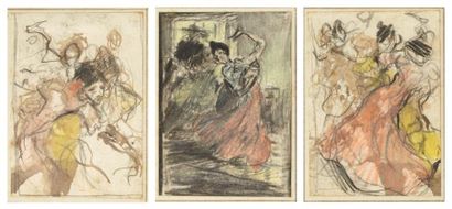 Ecole espagnole du XIXe Trois études de danseuses de flamenco Crayon, plume, encre...