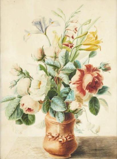 Isabelle Puvis (XIXe siècle) Bouquet de fleurs Aquarelle; Annoté «31» au crayon en...