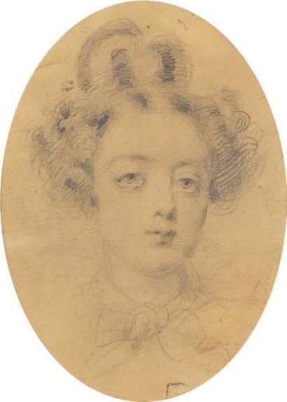 École Française du XIXe siècle Portrait de femme Crayon sur papier beige Signé en...