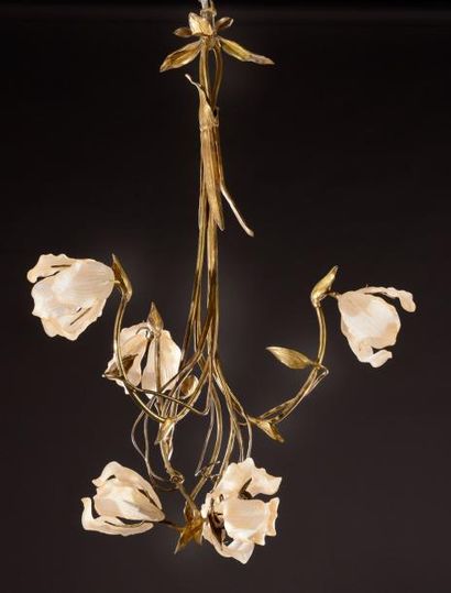 JEAN-AUGUSTE DAMPT (1854-1945) Rare lustre en bronze doré à fût en forme de tiges...