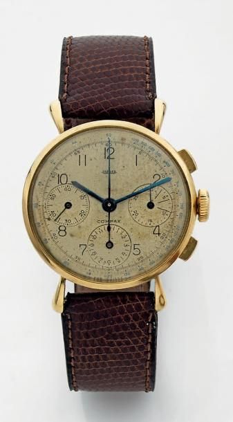 JAEGER Compax Vers 1940. N°95245. Chronographe rond en or jaune 18 carats. Cadran...