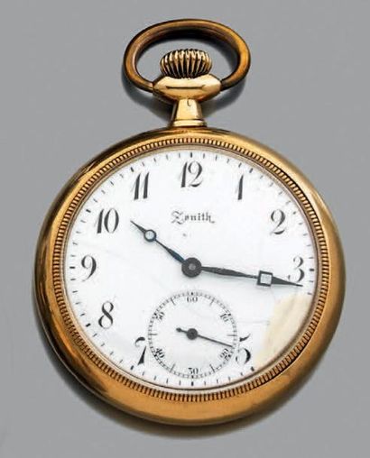 ZENITH Vers 1910 Montre de gousset en or 18K. Cadran émail, chiffres arabes, petite...