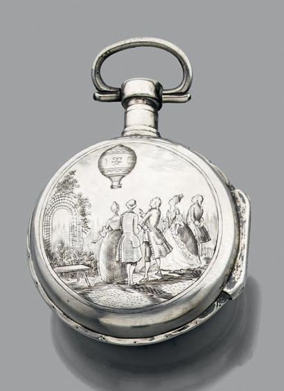 GILBERT à la Ferté Début 19ème siècle Montre de poche en argent à coq. Scène au dos:...