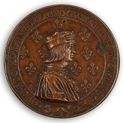 null Louis XII et ANNE de BRETAGNE. Grande fonte de bronze (11,45 cm) aux bustes...
