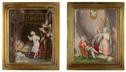 Nicolas LAVREINCE (1737-1807) Suiveur de. Deux scènes d'intérieur gouachées sur ivoire....
