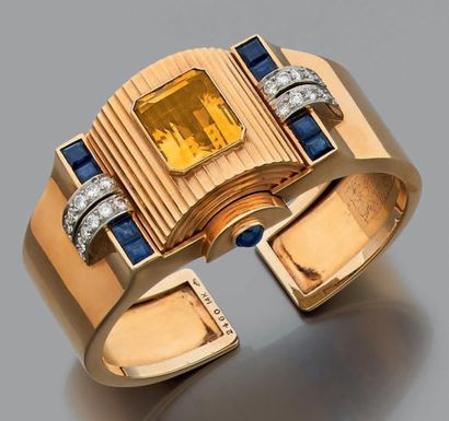 null Large bracelet jonc en alliage d'or rose 14K, motif cylindrique serti d'une...