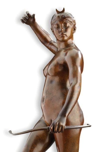 A. FALGUIERE «Diane» Epreuve en bronze à patiné brune. Fonte de THIEBAUT Frères à...