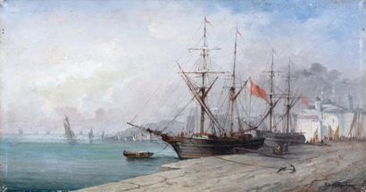 Ferdinand BONHEUR (1817-1887) Le port Huile sur panneau, signée en bas à droite 21.5...