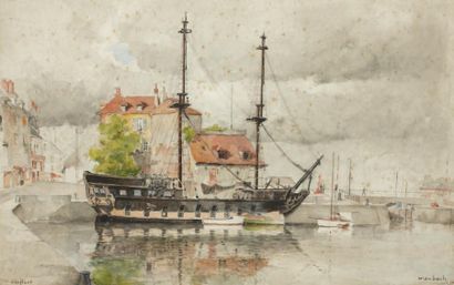 Marie WAMBACH DE DUVE (né en 1865) Le vieux port de Honfleur en 1934 Aquarelle, signée...