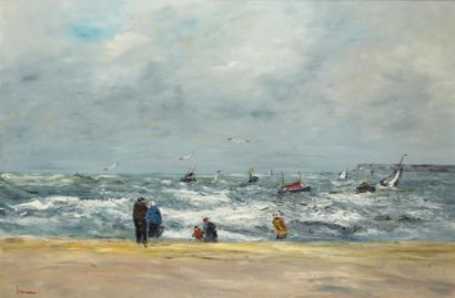 Jean-Pierre JOUAN (XXème siècle) Trouville la mer la plage Huile sur toile, signée...