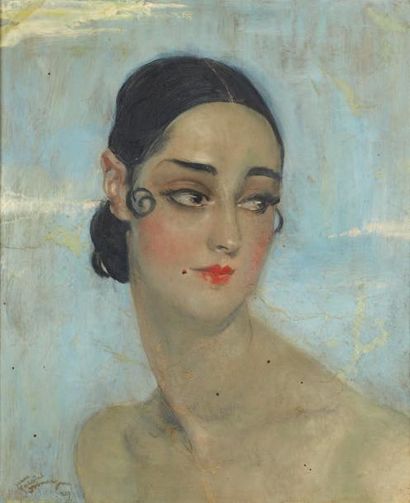 Jean-Gabriel DOMERGUE (1889-1962) Portrait de jeune espagnole aux accroche-coeurs...