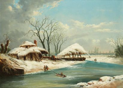 BORREL (fin du XIXème siècle) Paysage de neige dans le goût hollandais Huile sur...