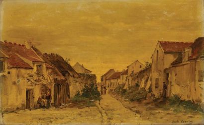 Emile Louis VERNIER (1829-1887) Vue d'un village Huile sur toile, signée en bas à...