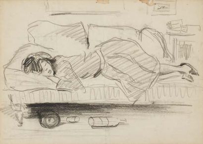 André DERAIN (1880-1954) Le repos salvateur Fusain 18.5 x 26.5 cm à vue Jeune femme...