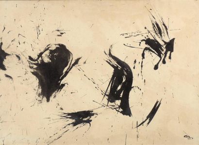 MARC TOBEY (1890-1976) Abstraction, 1957 Encre sur papier marouflé sur bois. Signée...