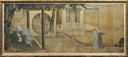 CHINE Belle peinture sur soie représentant le jardin intérieur d'une maison d'un...