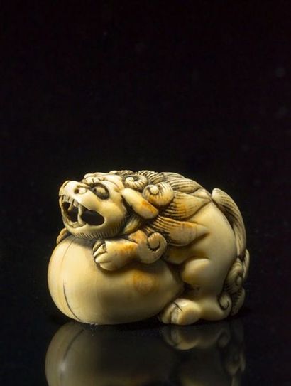 JAPON Netsuke en ivoire sculpté reprsentant un chien de Fô reposant sur une boule....