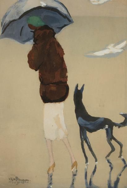 Kees VAN DONGEN (1877 - 1968) FEMME AVEC UN CHIEN MARCHANT SUR LA PLAGE. 1930 (Juffermans,...