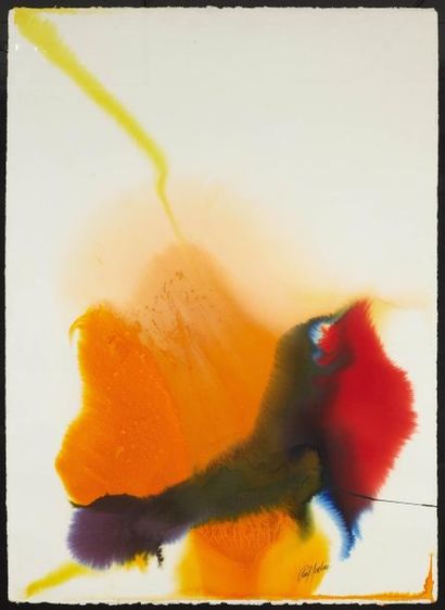 Paul JENKINS (1923- 2012) L'oiseau de feu Aquarelle sur papier, signée en bas à droite...