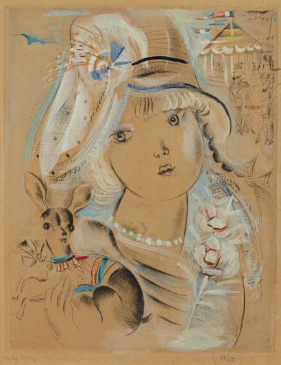 Mily POSSOZ (1888 - 1967) TETE DE FILLETTE, FENEC, MANEGE DANS LE FOND 27 x 21, 5cm....