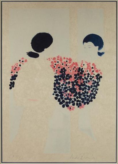 André BRASILIER (né en 1929) Jeunes filles au bouquet de fleurs Lithographie sur...