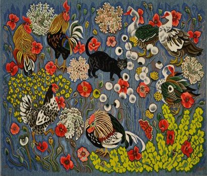 DOM ROBERT (1907-1997) à AUBUSSON «La cour du chat» Rare tapisserie en laine polychrome....