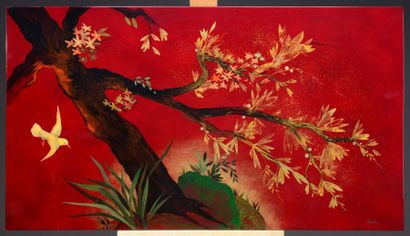 HENRI TAMBUTE (1911-1987) Panneau décoratif rectangulaire en bois laqué à décor d'une...