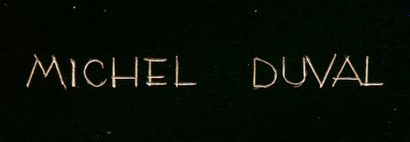 MICHEL DUVAL (XXème) Panneau décoratif rectangulaire en bois laqué à décor de motifs...
