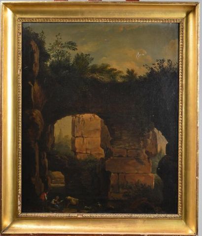 ÉCOLE ITALIENNE DU XVIIIÈME SIÈCLE Berger dans les ruines Huile sur toile 60.5 x...